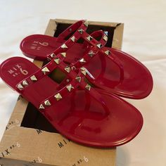 Brand New. Never Worn Sandal Size 8 Offers Welcome Trendy Flat Sandals With Red Sole, Red Open Toe Jelly Sandals For Spring, Red Toe Post Flip Flops For Spring, Summer Slip-on Sandals With Red Sole, Trendy Red Open Toe Flip Flops, Red Trendy Open Toe Flip Flops, Red Summer Party Sandals, Red Round Toe Jelly Sandals For Vacation, Red Round Toe Flip Flops For Summer