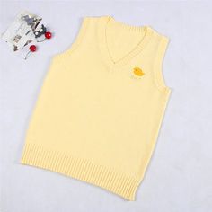 Material: Cotton Color: Yellow Size (Unit: CM) Length Bust Shoulder XS 55 80 / S 58 85 / M 61 90 / L 64 95 / XL 67 100 / 2XL 70 105 / Yellow V-neck Vest For Summer, Casual Yellow Sweater Vest For Winter, Casual Yellow Sweater Vest For Fall, Yellow V-neck Vest Top, Casual Yellow V-neck Vest, Yellow Sleeveless Top For Fall, Spring Cotton Sleeveless Sweater, Cute Sleeveless Sweater Vest For Fall, Yellow Sleeveless Vest For Fall