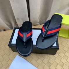 No Stains Or Damage Gucci Black Leather Sandals, Black Gucci Leather Sandals, Designer Black Sandals With Red Sole, Gucci Leather Sandals With Red Sole, Gucci Black Luxury Sandals, Black Gucci Luxury Sandals, Women's Flip Flops, Shoes Gucci, Gucci Black