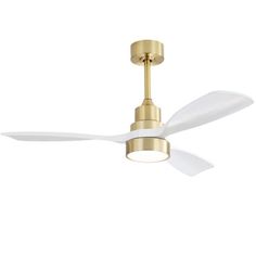 a gold ceiling fan with white blades