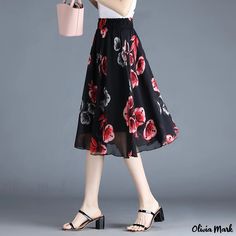 Olivia Mark - Chiffon Floral Midi Skirt: Printed Blossom Pattern and Long Length Floral Print Chiffon Skirt, Floral Print Chiffon Skirted Bottoms, Chiffon Midi Skirt For Spring, Casual Chiffon Skirt With Floral Print, Chiffon Lined Skirt For Spring, Spring Chiffon Lined Skirt, Spring Chiffon Skirt, Knee-length Chiffon Skirt, Summer Knee-length Chiffon Skirt