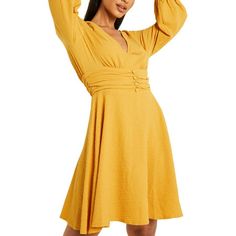 Manufacturer: Quiz Style Type: Fit & Flare Dress Collection: Quiz Sleeve Length: Bishop Sleeves Material: Polyester/Elastane Fabric Type: Scuba Specialty: Button Sku: BH5740740 Size: 6.  Color: Yellow.  Gender: female.  Age Group: adult. Party Fits, Skirt And Top Set, Cuffed Sleeve, Textured Dress, Review Dresses, Necklines For Dresses, Yellow Fashion, Junior Dresses, Printed Mini Dress