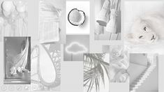 black and white photo collage with cat, balloons, palm tree, mirror, umbrella