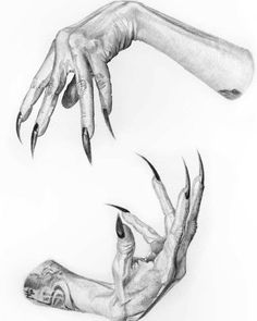 two hands reaching out to each other with claws on their fingers, and one hand holding the