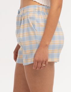 Full Tilt Plaid Shorts. Button Front Waist Featuring An Elastic Insert At Back. Zipper Fly. Hard Pleat Details. Front Slant Pockets. Approx. Inseam: 2.5". 65% Polyester 30% Rayon 5% Spandex. Hand Wash. Imported. Model Is Wearing A Size Small. Model Measurements:height: 5'6" Bust: 32"waist: 24"hips: 36" Nike Pro Spandex Shorts, Nike Pro Spandex, Nike Pro Women, Crochet Shorts, Denim Pocket, Twill Shorts, Full Tilt, Yellow Plaid, Spandex Shorts