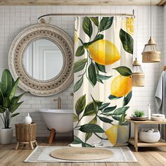 a shower curtain with lemons on it in a bathroom next to a bathtub