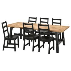 a dining table with six chairs and a wooden top on an isolated white background,