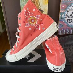 Nwt Converse High Top Sneakers Embroidered Detailing Casual Embroidered Slip-on Sneakers, Pink Canvas Shoes With Round Toe, Pink Textile Sneakers With Vulcanized Sole, Pink High-top Textile Sneakers, Spring Pink High-top Sneakers, Pink Canvas High-top Sneakers With Round Toe, Pink Canvas Sneakers For Summer, Pink Sporty Canvas Shoes, Pink Textile Canvas Shoes Sporty Style