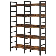 the industrial shelving unit is made from wood and metal, with four shelves on each side