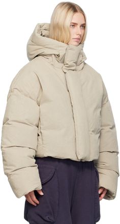 Down-filled enzyme-washed cotton canvas puffer jacket. · Bungee-style drawstring at hood and hem · Funnel neck · Zip closure with velcro placket · Welt pockets · Dropped shoulders · Extended sleeves · Inset rib knit cuffs · Zip pocket at interior · Fully lined Supplier color: Medium grey Fill: 90% duck down, 10% duck feather. Entire Studios, Duck Feather, Swag Outfits For Girls, Duck Down, Swag Outfits, Funnel Neck, Winter Fashion Outfits, Coat Fashion, Welt Pockets