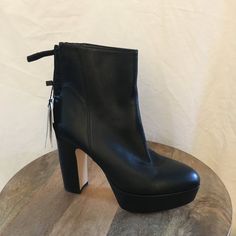 Awesome Pair Of Genuine Leatehr Ankle Boots, Back Zip , 4.5" Stacked Heel, 1.5" Platform And Nwt. (Writing On Bottom) Chic Platform Boots With Leather Sole For Fall, Faux Leather Ankle Boot Platform Boots For Work, Faux Leather Ankle Platform Boots For Workwear, Fall Heeled Boots With 4-inch Heel And Closed Toe, Leather Platform Boots With Stacked Block Heel, Faux Leather Platform Boots With Stacked Heel, Leather Ankle-high Platform Boots For Work, Fall Leather Closed Toe Platform Boots, Chic Leather Platform Boots With Block Heel