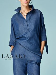 Lasaky - Urban Faux Denim Top with Shirt Collar Shirt Collar Pattern, Urban Shirt, Fashion Black And White, Blue Theme, Trendy Girl, Plain Blouse, Fashionista Clothes, Stylish Shirt, Long Sleeve Blazers