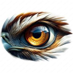 an eagle's eye with orange and white feathers on its head, as if it were painted in watercolor