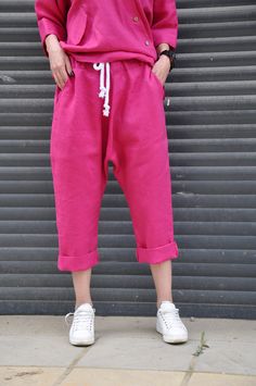 "Linen Pants, Pink Pants, Harem Pants ♥ ◾Pink LINEN pants. Loose harem pants. Summer comfortable quality linen pants. Elastic westband. Four pockets. The pants are very comfy, Quality linen fabric. They have a sporty elegant style. Loose fitting! The items are made of washed linen fabric! The procedure of making these items takes time and effort, cause the items are double washed once they are made. Only after such process we reach extra softness and natural wrinkles. ◾ The clothes are truly bou Sporty Elegant Style, Plus Size Linen Pants, Pink Linen Pants, Summer Linen Pants, Plus Size Linen, Black Cotton Dresses, Pants Linen, Drop Crotch Pants, Pants Baggy