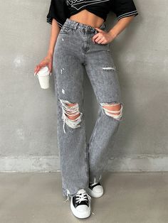 CASUAL HIGH WAIST GREY RIPPED STRAIGHT LEG JEANS Grey Casual   Denim Plain Wide Leg Non-Stretch  Women Clothing, size features are:Bust: ,Length: ,Sleeve Length: Grey Ripped Jeans, Ripped Straight Leg Jeans, Cute Ripped Jeans, Boys Denim, Jeans Grey, Jeans Casual, Women Denim Jeans, Jean Grey, Inspiration Mode