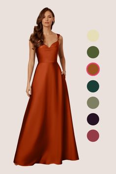 a woman in a long red dress standing next to color swatches for the colors