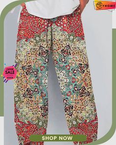 Ethnic Casual Casual Pants Casual Boho Print Bottoms For Beach, Patterned Long Pants With Pockets, Baggy Wide Leg Floral Print Pants, Casual Patterned Harem Pants For Spring, Boho Print Summer Bottoms, Multicolor Printed Harem Pants For Summer, Boho Print Long Pants For Summer, Summer Boho Print Bottoms, Summer Boho Print Long Bottoms