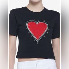 We've All Had Our Hearts Broken! Sometimes It Feels Like They've Been Put Back Together With Safety Pins And Thread. This Cropped Tee Shows An Appliqu Heart With Stitching Around It And Safety Pin Detail. 60% Cotton; 40% Polyester New Without Tags. Bin #1809 Fitted Red Heart-shaped Top, Black Trendy T-shirt With Heart Print, Black Heart-shaped Top With Graphic Print, Trendy Heart-shaped Tops With Graphic Print, Black Heart Print Graphic Tee, Black Graphic Tee With Heart Print, Black Graphic Print Top For Valentine's Day, Trendy Crew Neck Top For Valentine's Day, Fitted Heart Print Top For Valentine's Day