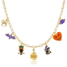 PRICES MAY VARY. 🕷Enchanting Halloween-Themed Charms🕷: This Halloween Charm Necklace is a must-have accessory for anyone who loves the spooky season. The Halloween necklace showcases an array of detailed charms, including a golden spider, a purple bat embellished with shimmering rhinestones, an owl, a pumpkin with the playful "BOO" inscription, a black cat wearing a witch hat, a sinisterly grinning pumpkin, and purple lips with sharp vampire teeth. 🦇Superior Quality and Craftsmanship🦇: Made Cat Spider, Spider Skull, Christmas Horror, Horror Party, Vampire Teeth, Halloween Costume Party, Charm Choker Necklace, Halloween Festivities, Purple Lips