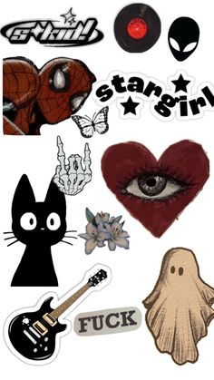 various stickers that include an eye, heart, spiderman and other things in the background