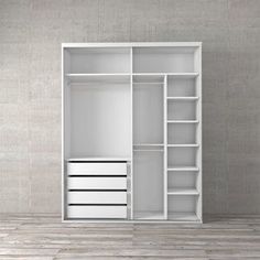 an empty white closet with drawers and shelves