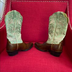 New, Never Worn, Sage Design Upper, With Zippered Storage/Dust Bag, Comes To Mid-Calf Sage Green Cowboy Boots, Fitted Green Snip Toe Boots, Fitted Green Boots With Almond Toe, Fitted Green Almond Toe Boots, Green Cowboy Boots, Sage Design, Green Quince, Ariat Women, Green Boots