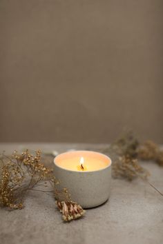 a lit candle sitting on top of a table next to dried flowers and plants in front of a wall