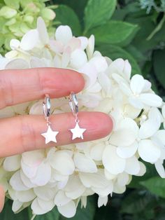 925 Sterling Silver Plain Star Dangle Huggie Hoop Earrings    - Metal: 925 Sterling Silver - Shape: Round Huggie Hoop with Dangle Star - Dimension:  Total Length: 23mm(0.91 in); Hoop: Outer Diameter 11.5mm(0.45 in), Inner Diameter 9mm(0.35 in), Face Width 1.1mm;  Star: 7.8mm(0.31 in) x 0.8mm. (Please note that the hoop's diameter is 11.5mm(0.45")/9mm(0.35"), VERY SMALL for Small ear lobe.) - Closure: Leverback  - Color: Silver Sterling Silver Huggie Earrings With Charms, Sterling Silver Star Charm Huggie Earrings, Silver Star-shaped Sterling Silver Hoop Earrings, Silver Star-shaped Huggie Earrings For Gifts, Silver Star Shaped Huggie Earrings For Gift, Silver Star Huggie Earrings For Everyday, Silver Star-shaped Minimalist Huggie Earrings, Sterling Silver Hoop Earrings With Star Charm For Gift, Silver Star-shaped Hoop Earrings For Everyday