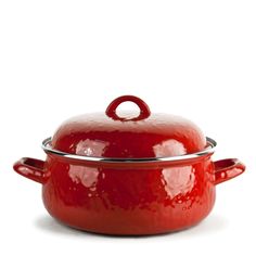 a red casserole on a white background