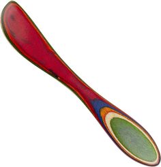 a red toothbrush with multicolored handles on a white background in the shape of a spoon