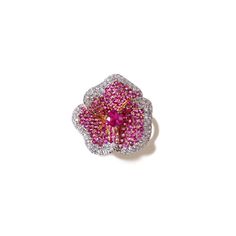 This elegant Bloom Flower Ring will be loved for many years to come. Crafted in 18K rose gold, this ring features a pansy-inspired flower encrusted in pave diamonds and dark pink sapphires. Pink Diamond Flower-shaped Ring, Elegant Pink Diamond Flower Ring, Luxury Rose Gold Diamond Flower Ring, Luxury Pink Flower Ring For Formal Occasions, Luxury Pink Flower Ring For Formal Events, Luxury Rose Gold Flower Ring With Diamond Accents, Luxury Pink Diamond Flower Ring, Diamond Cuts Guide, Flower Dark