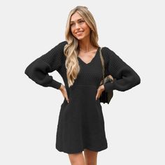 Add a touch of texture to your wardrobe with our Black Crochet Gigot Sleeve Mini Sweater Dress from Cupshe. This stylish dress boasts a charming crochet design and a flattering V-neckline, creating a look that's both cozy and chic. Embrace effortless elegance with this versatile piece that's perfect for transitioning from day to night in style. Product code: CAA06C3K039AA Elegant Mini Crochet Dress For Fall, Solid Color Knitted Dresses, Casual Crochet Dress For Fall, Casual Long Sleeve Crochet Dress For Fall, Black Knit Mini Dress For Fall, Chic Crochet Mini Dress For Fall, Elegant Fall Mini Crochet Dress, Elegant Fall Crochet Mini Dress, Fitted Crochet Knit Dress For Winter