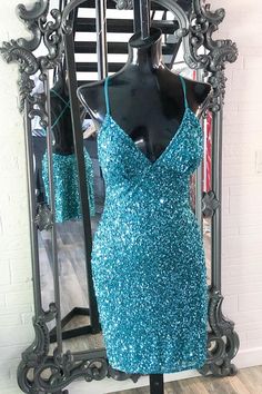 Turquoise Sequins Straps Bodycon Mini Party Dress Turquoise Homecoming Dresses, Bodycon Party Dress, Mini Party Dress, Hoco Dress, Turquoise Dress, Mini Party, Sparkle Dress, Note Box, Bodycon Dress Parties