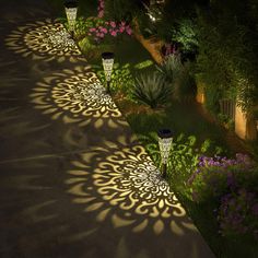 some lights that are on in the grass near flowers and bushes at night time with long shadows