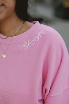 This super soft and cozy sweatshirt is the perfect blend of comfort and style. Fit is oversized, hits at the waist and has a bat ring style sleeve.  Customize the hand embroidery with a word of your choosing. Please specify if you would like script or regular font, all lowercase/all caps, etc. and include your preferred thread color(s) for the font and flowers in the notes at checkout.  Material is a fleece blend of 60% cotton and 40% polyester  Please allow 3-4 weeks for production prior to shipping. Oversized Spring Sweatshirt, Trendy Crew Sweats For Spring, Everyday Drop Shoulder Sweatshirt For Spring, Spring Letter Embroidery Sweatshirt For Streetwear, Relaxed Fit Top With Embroidered Logo, Relaxed Fit Top With Embroidered Logo For Loungewear, Relaxed Fit Embroidered Tops For Loungewear, Oversized Sweater With Letter Embroidery, Oversized Long Sleeve Sweater With Letter Embroidery