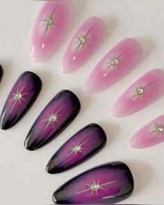 Nail Ideas Y2k Long Pink, Silver Stars Nails, Pink Nails With Stars, Pink Goth Nails, Pink And Silver Nails, Stars Nails, Press On Nails Almond, Nails Y2k, Nails Luxury