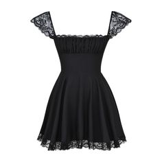 Crafted from soft fabric, this Contrast Lace Ruched Bust Dress is a stylish choice for any occasion. The contrast lace shoulder straps provide an eye-catching touch, and the ruched bust creates a flattering silhouette. This mini dress features a flared skirt for a fun and feminine look. Fit Type: Regular Fit Fabric: High Stretch Composition: 92% Polyester, 8% Elastane Care Instructions: Hand wash, do not dry-clean Gothic Dresses With Lace Patchwork, Gothic Style Dress With Lace Patchwork, Spring Off-shoulder Gothic Dress, Black Off-shoulder Corset Dress For Summer, Spring Gothic Off-shoulder Dress, Black Lace Patchwork Corset Dress, Black Corset Dress With Lace Patchwork, Gothic Lace Mini Dress With Ruffles, Summer Gothic Lace Dresses