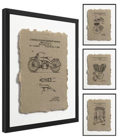 an old motorcycle is hanging on the wall next to four framed pictures with instructions for how to use it