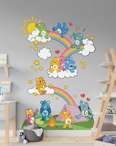 a children's room with teddy bears and rainbow wall decals on the walls