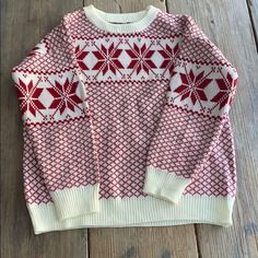 Super Cute Festive Sweater Cream And Red . Perfect For The Holidays. Warm And Cozy Red Nordic Sweater With Crew Neck, Red Nordic Crew Neck Sweater, Red Nordic Long Sleeve Sweater, Nordic Style Red Long Sleeve Sweater, Cozy White Sweater For Holidays, White Crop Sweater, Scallop Sweater, Lantern Sleeve Sweater, Mock Turtleneck Sweater