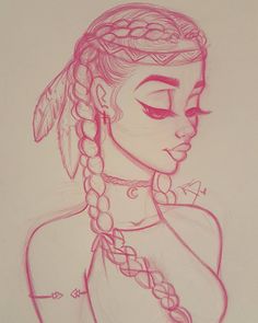 a drawing of a girl with braids on her head and the caption in russian