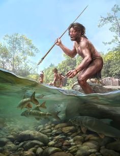 an artist's rendering of a man in the water holding a stick