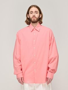 This is a casual and comfortable shirt that is made out of high quality cotton 100% fabric. With design detail of oversized silhouette and subtle pastel tone color, it gives a comfortable and trendy mood.- Pleat detail on the back yolk- Oversized silhouette- Minimal design overall Pink Relaxed Fit Button-up Shirt, Pink Relaxed Fit Shirt For Work, Oversized Pink Summer Shirt, Oversized Pink Cotton Shirt, Pink Oversized Long Sleeve Shirt, Pink Cotton Shirt For Work, Oversized Silhouette, Minimal Design, Design Details