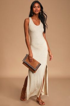 Beige Maxi Dress - Ribbed Knit Maxi Dress - Bodycon Maxi Dress - Lulus Beach To Dinner Outfit, Casual Sleeveless Ribbed Maxi Dress, Fitted Ribbed Sleeveless Mini Dress, Sleeveless Ribbed Maxi Dress For Summer, Sleeveless Stretch Ribbed Maxi Dress, Ribbed Stretch Sleeveless Maxi Dress, Fitted Ribbed Sleeveless Summer Dress, Casual Ribbed Bodycon Sleeveless Dress, Casual Bodycon Ribbed Sleeveless Dress