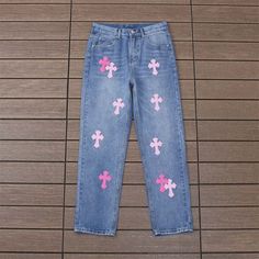 Chrome Hearts Pink Cross Logo Blue Jeans Suitable Suitable For Any Season Unisex Brand New With Tag Brand: Chrome Hearts Colour: Blue Size: M Material: 100% Cotton Machine Washable, Hand Washable Chrome Hearts Leather, Applique Jeans, Cross Logo, Pink Chrome, Pink Cross, Denim Chic, Painted Clothes, Patched Jeans, Denim Jeans Men