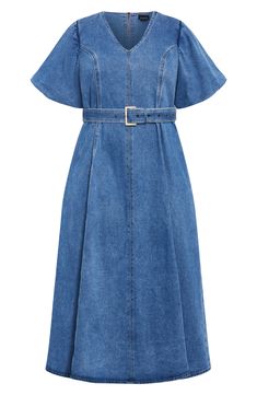 Elevate your office-casual look in this denim midi designed with a belted waist and airy flutter sleeves. 47" length Hidden back-zip closure V-neck Short sleeves Removable belt Unlined 100% cotton Machine wash, line dry Imported Denim Dress Outfit Ideas, Denim Dress Outfit, Long Denim Dress, Denim Midi Dress, African Clothing Styles, Mid Dresses, Office Casual, Clothing Styles, City Chic