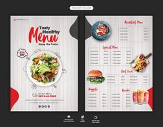 a menu for a restaurant with food items on it and an image of a salad