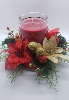 a candle and some christmas decorations on a table