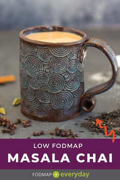 a coffee mug with the words low fodmap masala chai on it