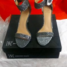 International Concept Dark Gray Sparkly Diamond Studded Heels The Who Is Like Maybe 3/1 In Half Inches . With Straps Diamond Buckles On The Side Of Strap Zipper Back With Buckles On The Side Brand New Never Worn Size 7 And 1/2 M. Smoke Free Home . Gray Ankle Strap Heels For Party, Gray Closed Toe Heels For Party, Gray Pointed Toe Party Heels, Gray Pointed Toe Heels For Party, Gray Open Toe Heels For Evening, Gray Ankle Strap Heels For Evening, Elegant Gray Block Heel Heels, Chic Gray Block Heel Shoes, Gray High Heels Medium Width